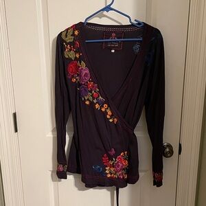 Johnny Was Dark Purple Floral Embroidered Blouse